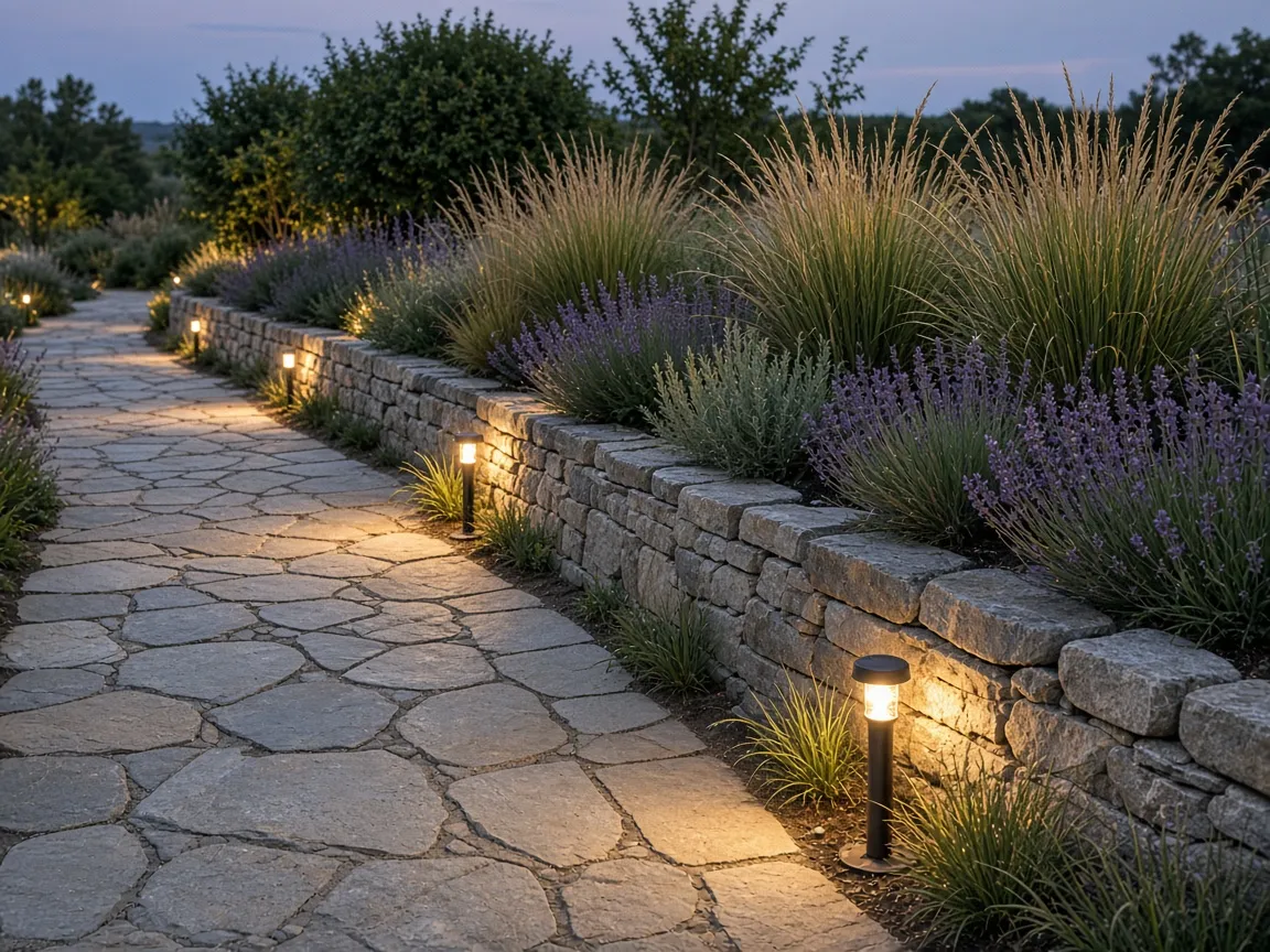 Natural stone patio with low retaining wall and built-in step