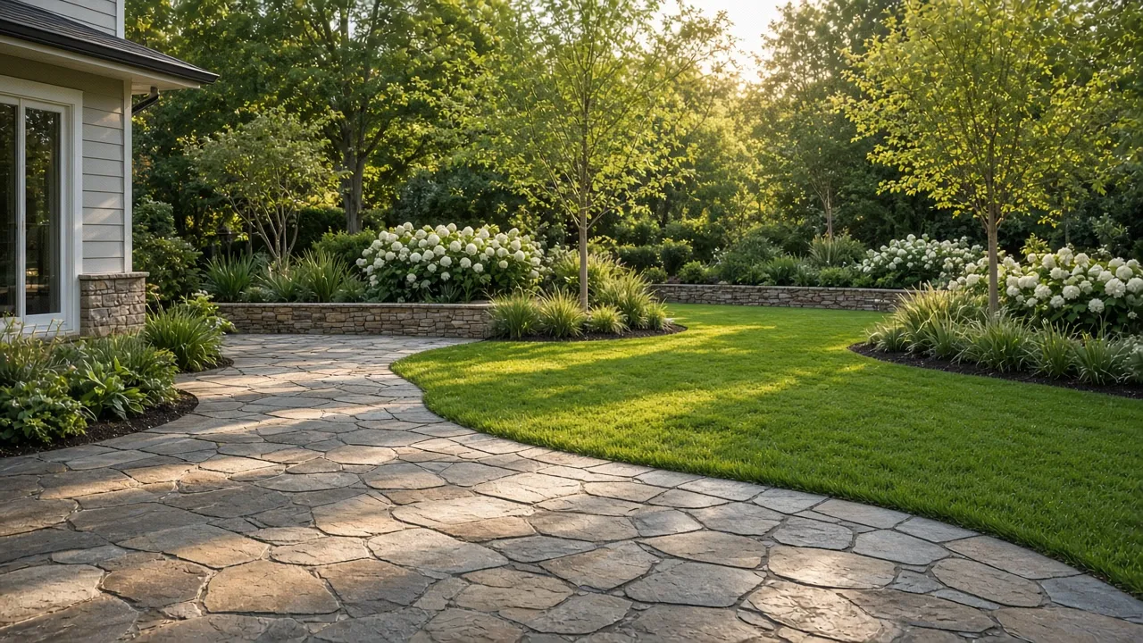 Backyard garden with a stone patio, layered planting beds and a green lawn at golden hour