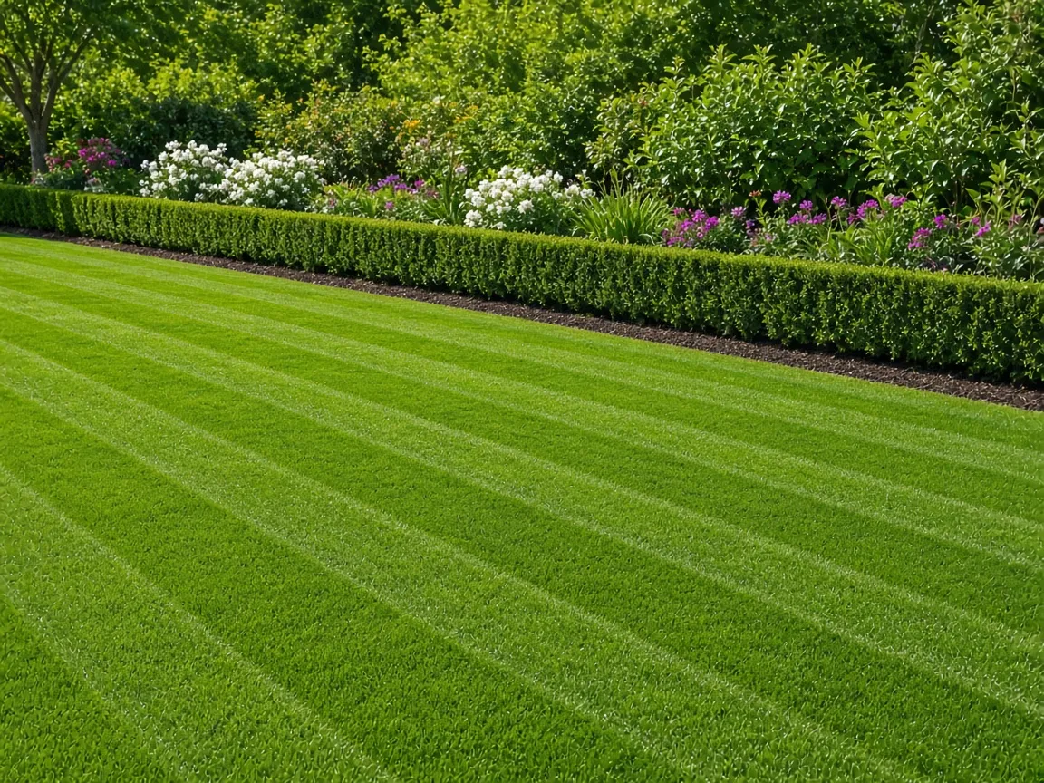 Freshly striped green lawn edged neatly against a garden border